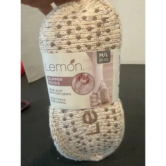 Lemon Womens L/XL Cream New Faux Fur Lined Non-Slip Marled Knit Slipper Socks - Picture 3 of 6